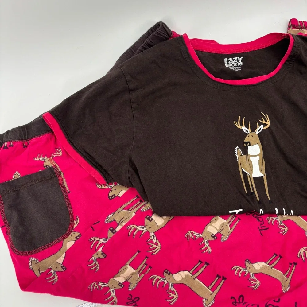 Lazy One Womens Pajama Set L/XL Pink Brown Trophy Wife Deer Graphic Cabin Life